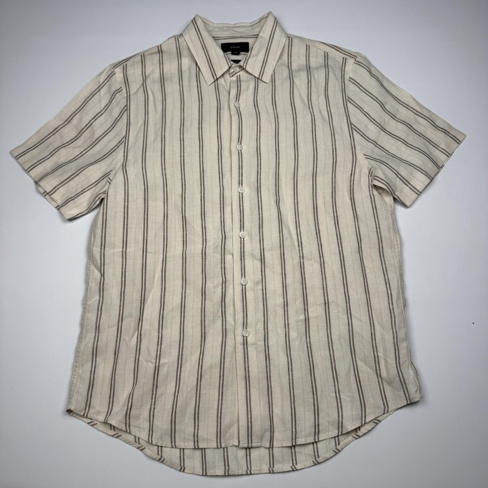 Vince Shirt Mens Medium Beige Stripe 100% Hemp Short Sleeve Button Up Casual